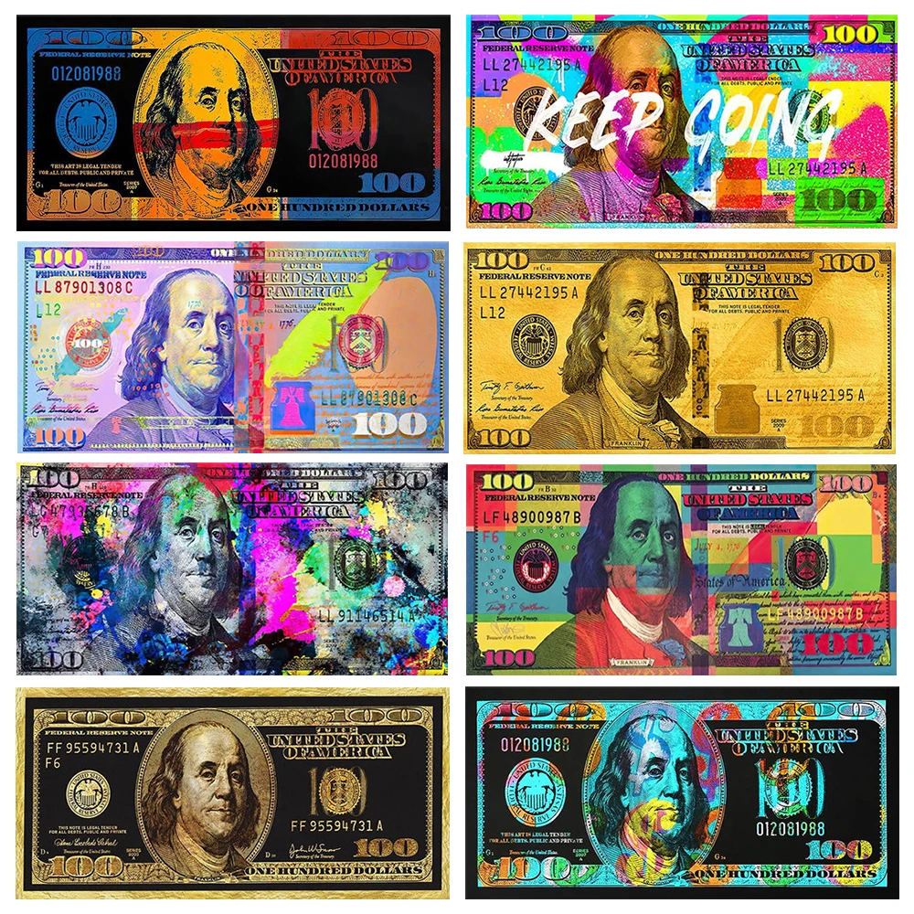 

Canvas Paintings One Hundred Dollar Inspirational Artwork Abstract Colorful Money Posters for Modern Home Living Room Wall Decor