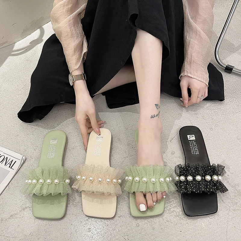

Slippers Casual Low Flat Shoes Female String Bead Slipers Women Slides Luxury Summer 2021 Beach Soft PU Basic Rubber Shoes Wome