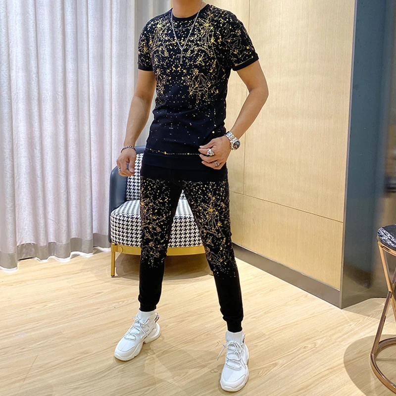 2021 Стразы футболка с коротким рукавом + модные повседневные брюки спортивный