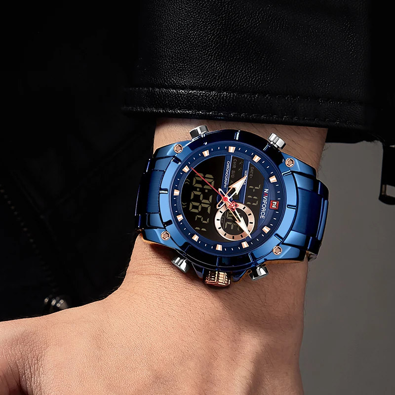NAVIFORCE мужские часы цифровые спортивные часы Relogio Masculino кварцевые часы ремешок из нержавеющей стали многофункциональные наручные часы для мужчин