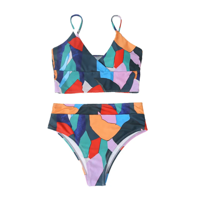 

Irisapparels Swimwear 2020 Women Sexy Multicolor Geometric Print V-Neck Bikini Split Cross Swimsuit Two Piece Set