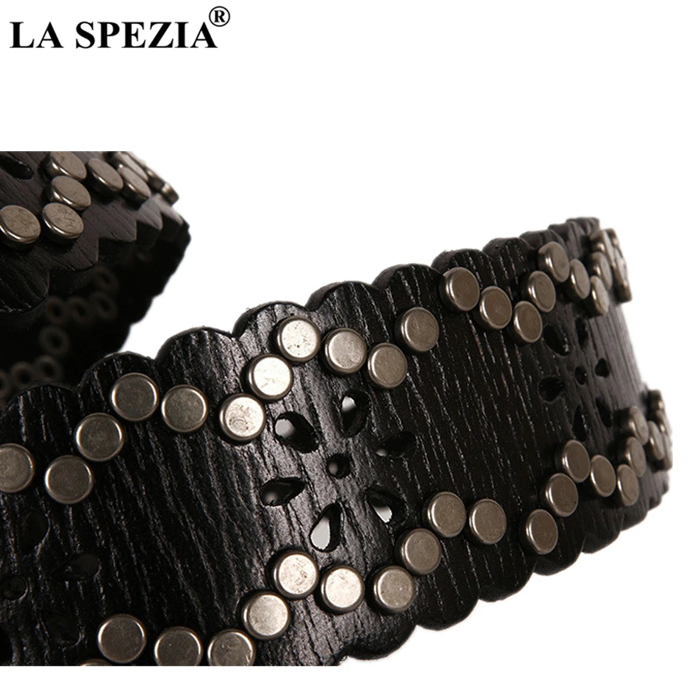 LA SPEZIA Rivet Belt Punk Real Leather Women Belt High Quality Buckle Black Coffee Hip Hop Ladies Rock Waist Belts 110cm 115cm