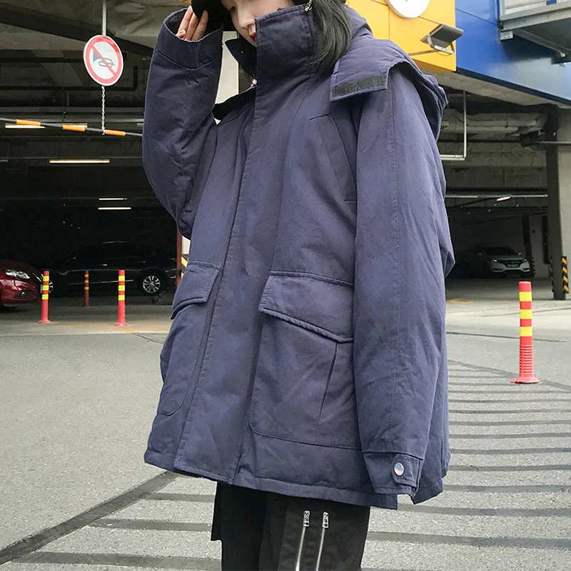 PERHAPS U Women Yellow Royal Blue Cotton Coat Zipper Button Pocket Hooded Collar Loose Jacket C0451