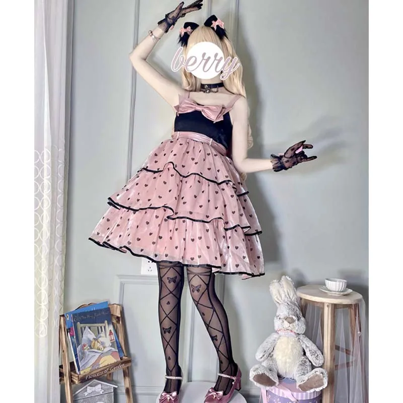 

Alice Tea Party Lolita Dress Design Spaghetti Strap Bow Cute Japanese Summer Dress Kawaii Princess Love Print Women Lolita Dress