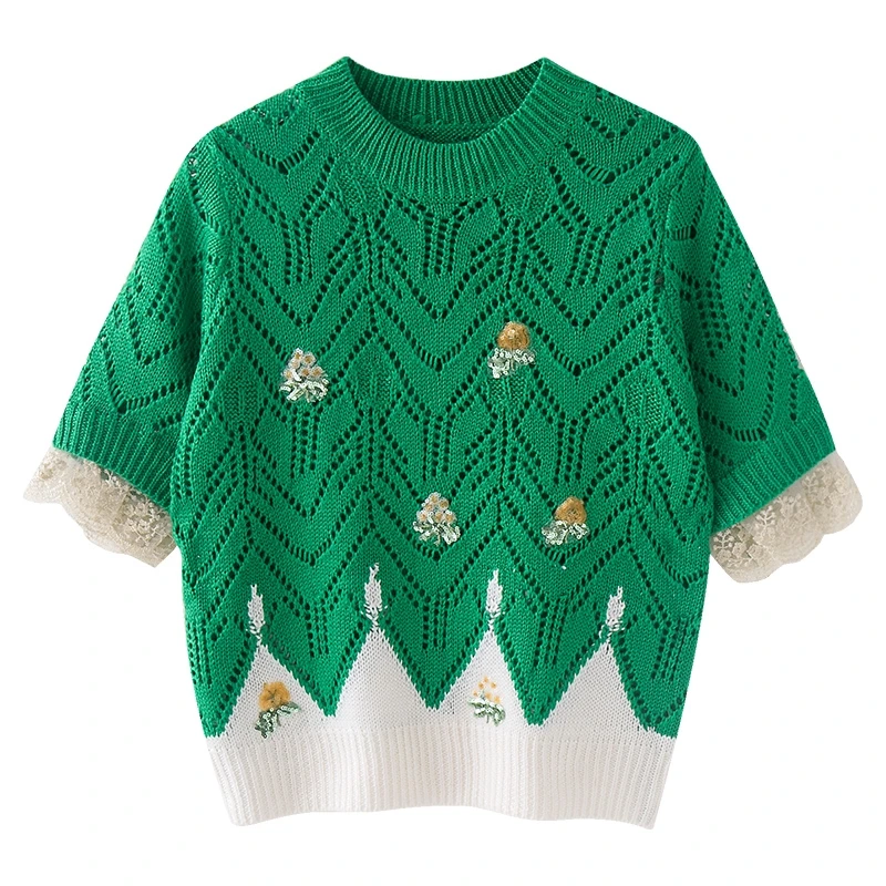 

Thin green sweater lace embroidery 2021 summer new style Korean fashion short-sleeved knitted top women's clothing