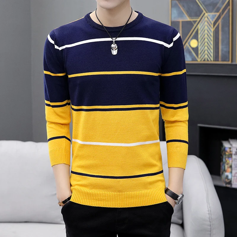 

2020 Autumn Men's Casual Knitted round Neck Striped Sweater Youth Fashion Casual Thin Sweater