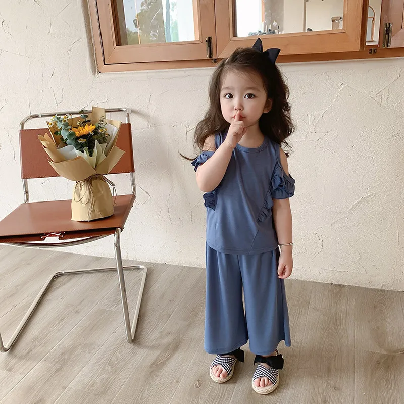 

Летняя модная корейская детская одежда Gooporson, топ с открытыми плечами и широкие брюки, комплект одежды для маленьких детей, наряды для девочек