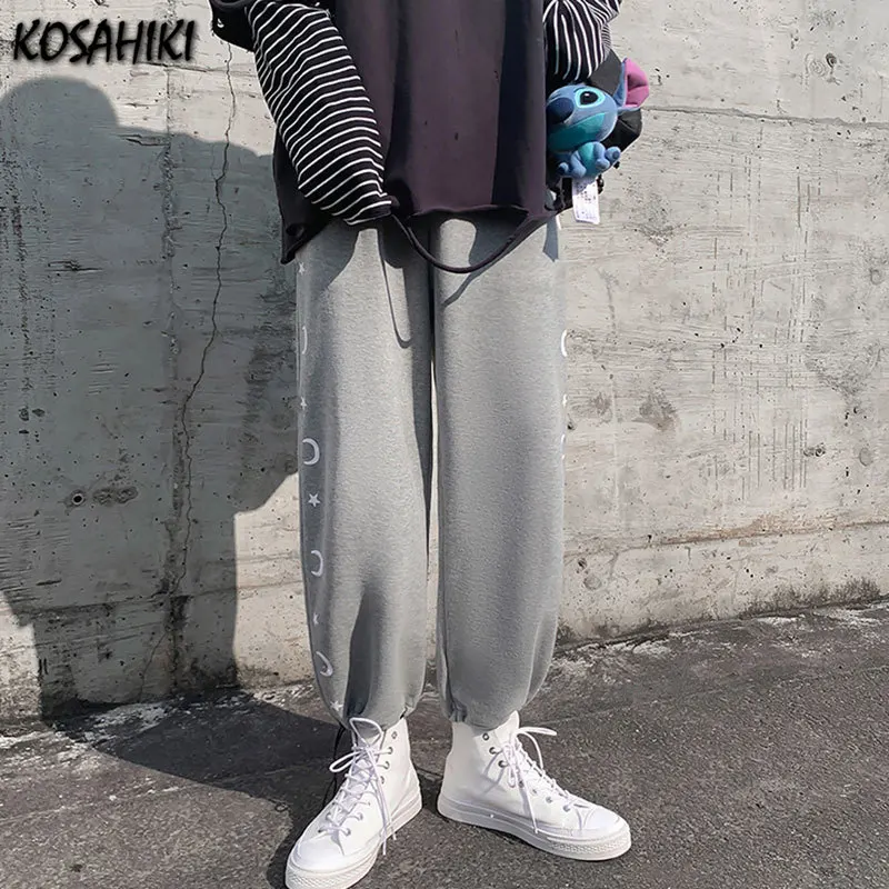 

KOSAHIKI Moon Print Korean Style Harajuku Harem Pants Women Streetwear Vintage Elastic High Waist Drawstring Casual Sweatpants