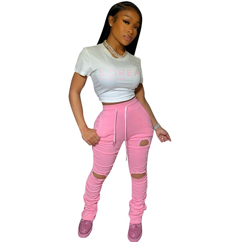 Спортивные штаны с высокой талией женские летние рваные повседневные леггинсы