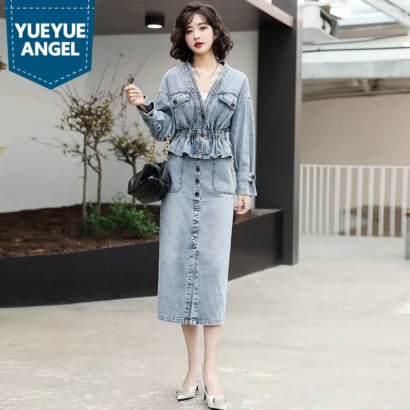 

Fashion Denim Set 2021 Spring Womens New V-Neck Short Coat Office Lady Elegant Skirt Pockets Korean Style Casual Two-Piece Suit