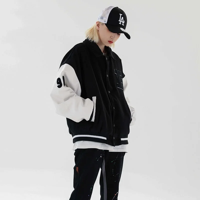 

Harajpoo Women Jacket Baseball Uniform 2021 Spring Autumn High Street Harajuku Polar Bear Flock Embroidery Tooling Stitch Top