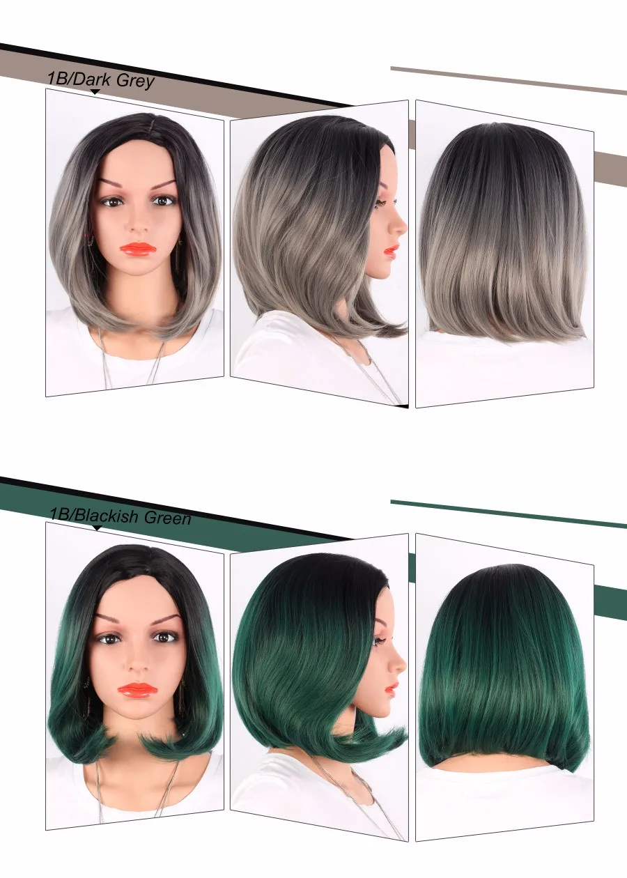 AliLeader Synthetic 14inch Short Bob Wig Green Wig Machine Made Heat Resistant Fiber Silky Straight Hairstyle Ombre Gray Afro