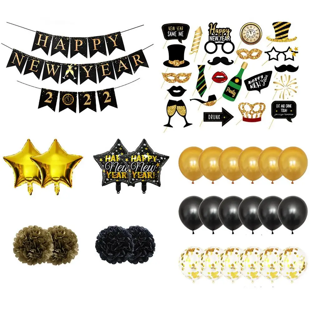 

Happy New Years Eve Party Decorations 2022 New Year Decoration Set Banner Latex Balloons Tissue Pom Poms Flowers Paper Fans Swi