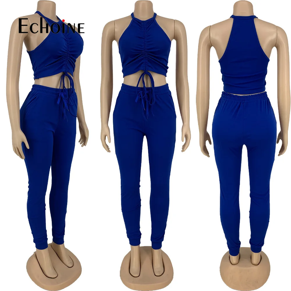 

Echoine Women Solid Sleeveless Shirring Crop Tanks Tops Pockets Pencil Pants Two Piece Sets 2021 Party Tracksuit Summer Outfits