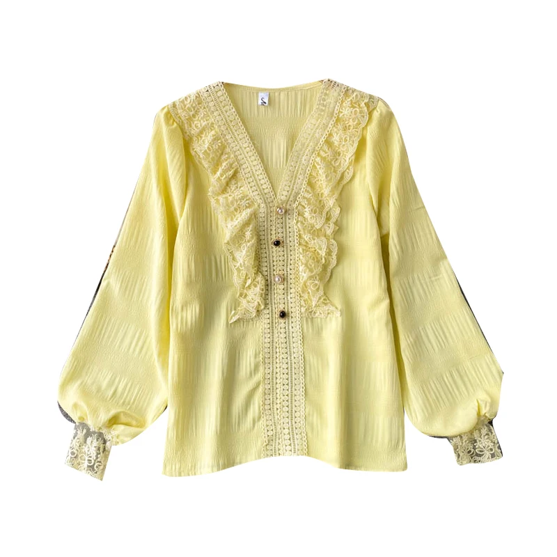 

2021 New Fashion Spring Chiffon Shirt Women Sweet Lace Blouse Self-cultivation All-match V-neck Puff Sleeve Blusa C267