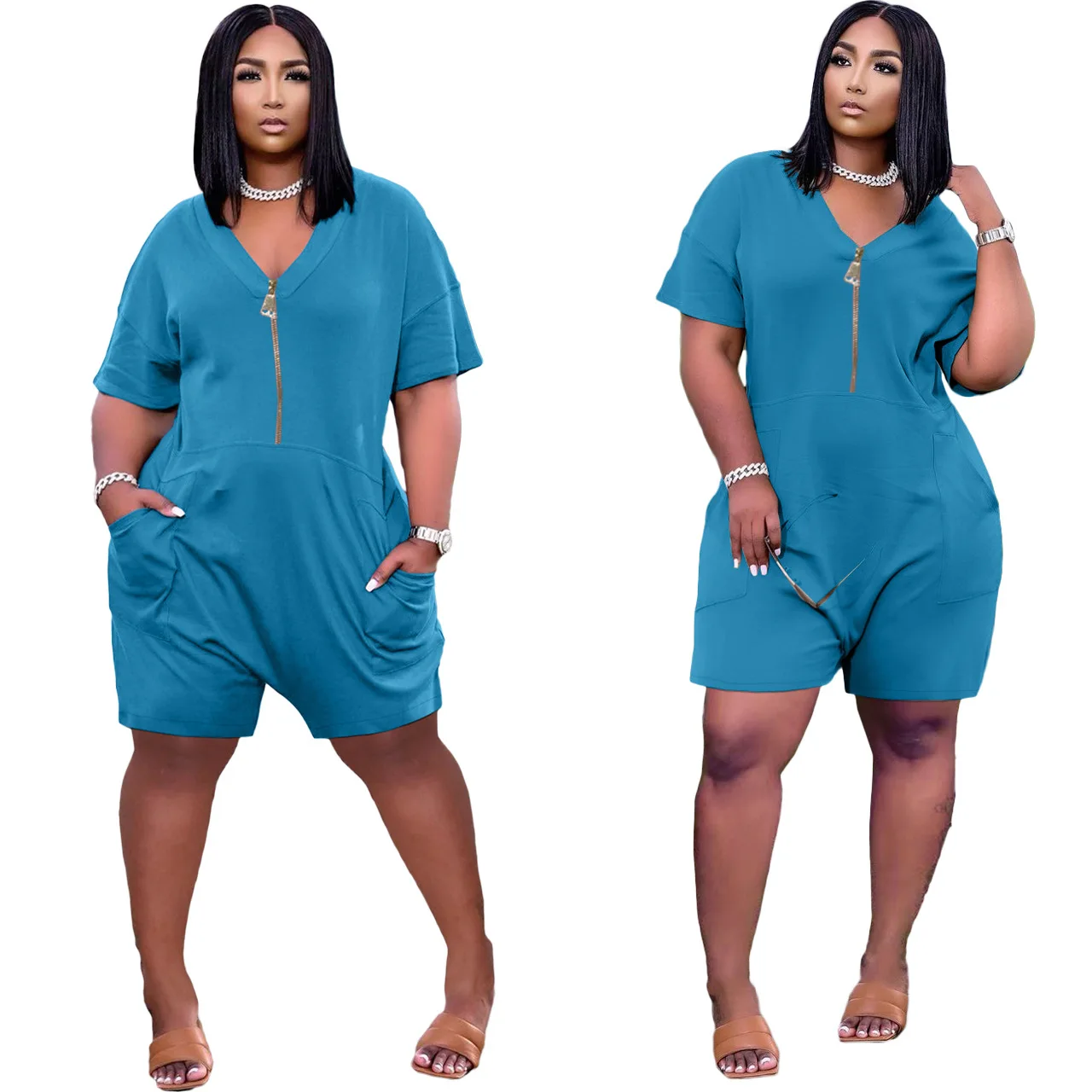 

2021 New Women Loose Casual V Neck Zipper Straight Playsuits With Pockets Body Mujer Femme Moda Feminina Romper