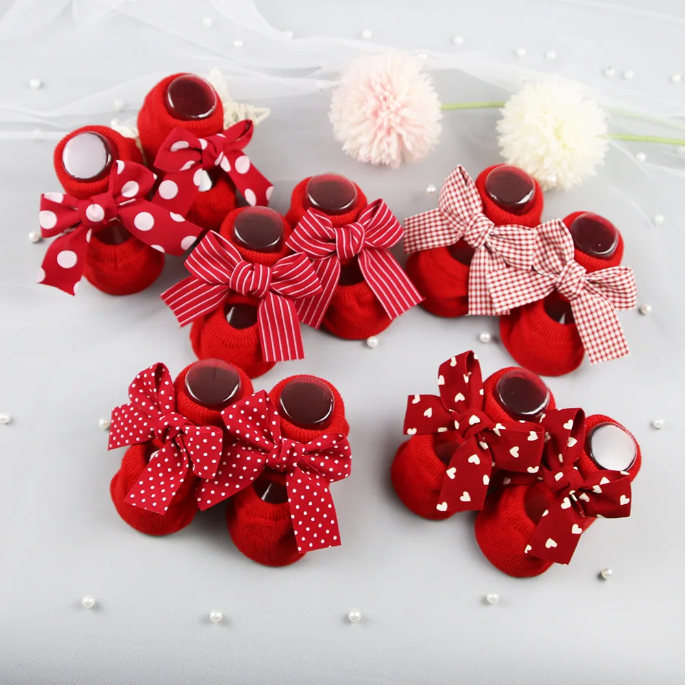 

0-1 Year Old Baby Girls Socks Spring Autumn Bowknot Toddler Kids Red Dress Sock Kawaii Floor Anti-Slips Newborn First Walkers