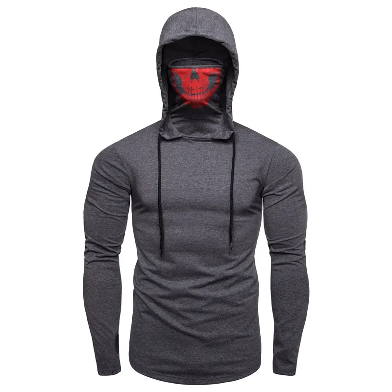 

Grey Stretch Fitness Suit for Men Hooded Long Sleeve T-Shirt Tattooed League Mask