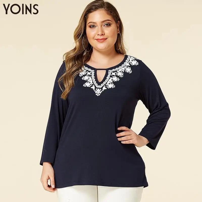 YOINS стильная блузка с круглым вырезом и принтом племени длинными рукавами для