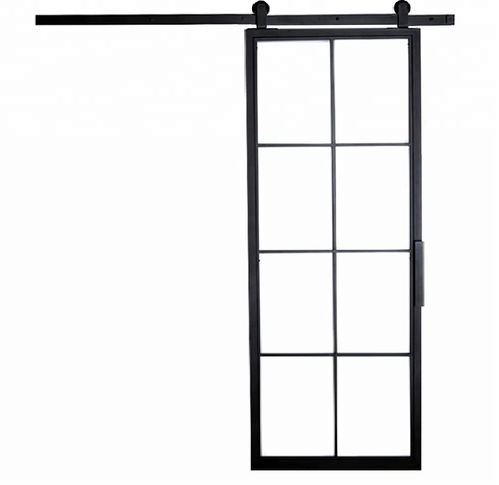 

Steel Sliding 8FT Panel Barn Door with Hardware Kit, Black French Sliding Door Steel Framed Glass Door Metal with Hardware Kit
