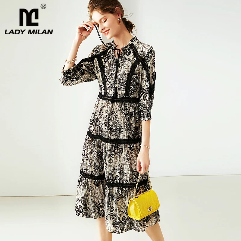 100% шелковые женские платья с круглым вырезом 3/4 рукава цветочный принт