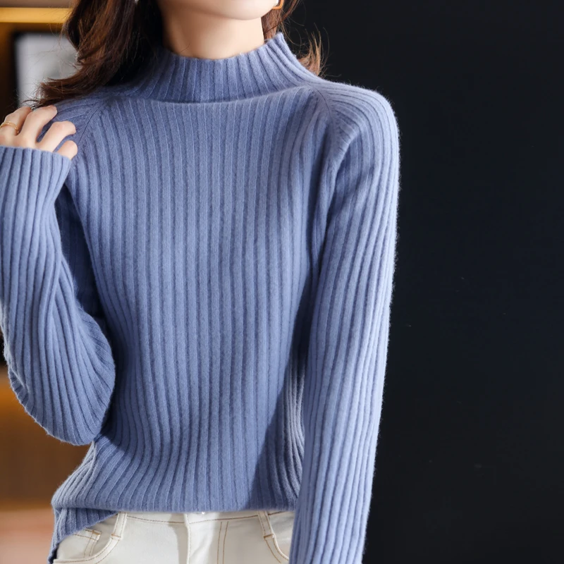 2022 Autumn And Winter New Knitted Sweater Women's Cashmere Sweater Half-Height Thickened Drawstring Loose Wool Bottoming Shirt