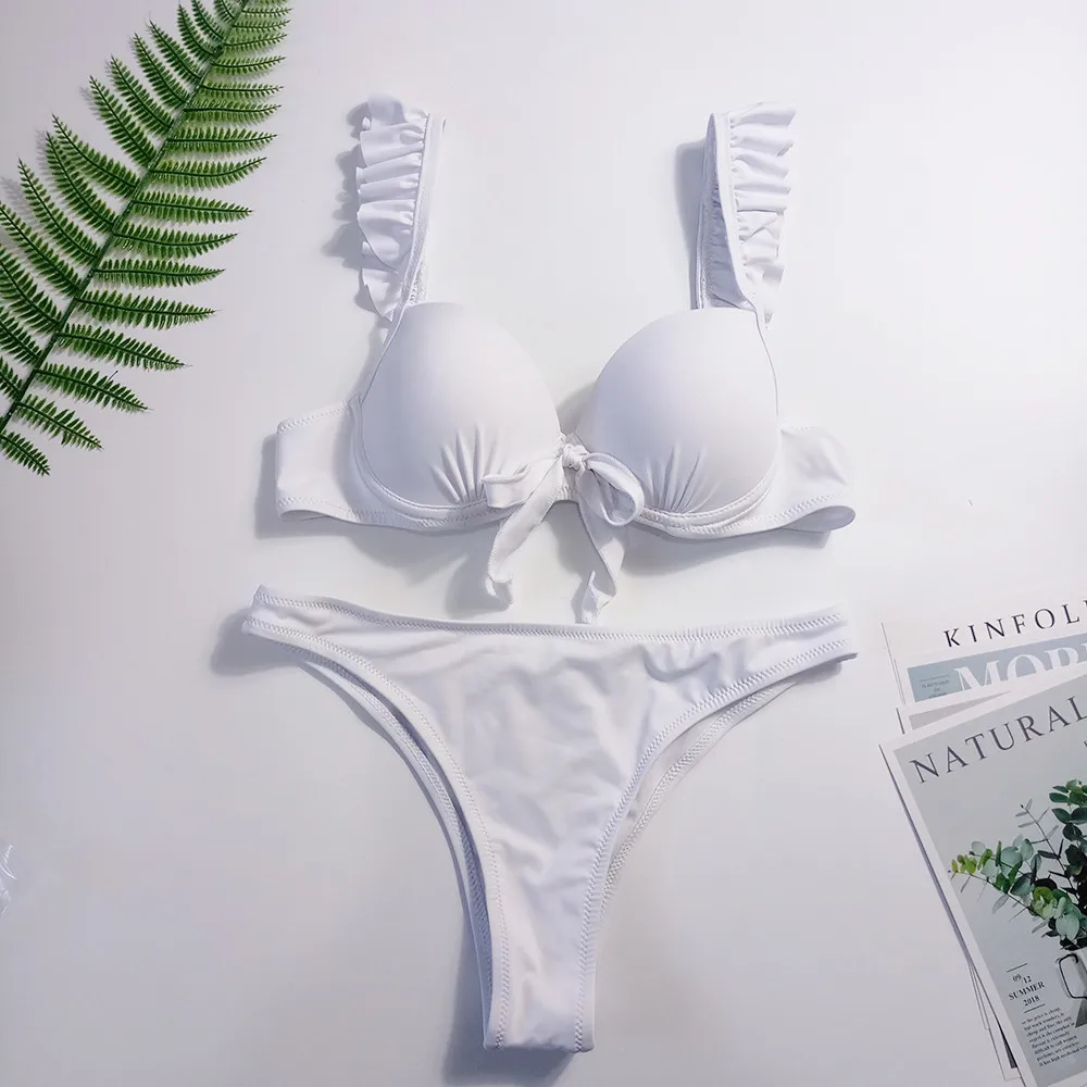 Сексуальный пуш-ап бикини на косточках белый черный женский купальник с оборками