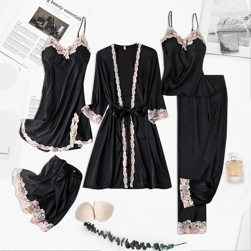 

Pajama Set Women Lace Trim Satin Sleepwear Pyjamas Pour Femme Summer Nightwear With Pants Casual Home Wear Kimono Robe Gown PJS