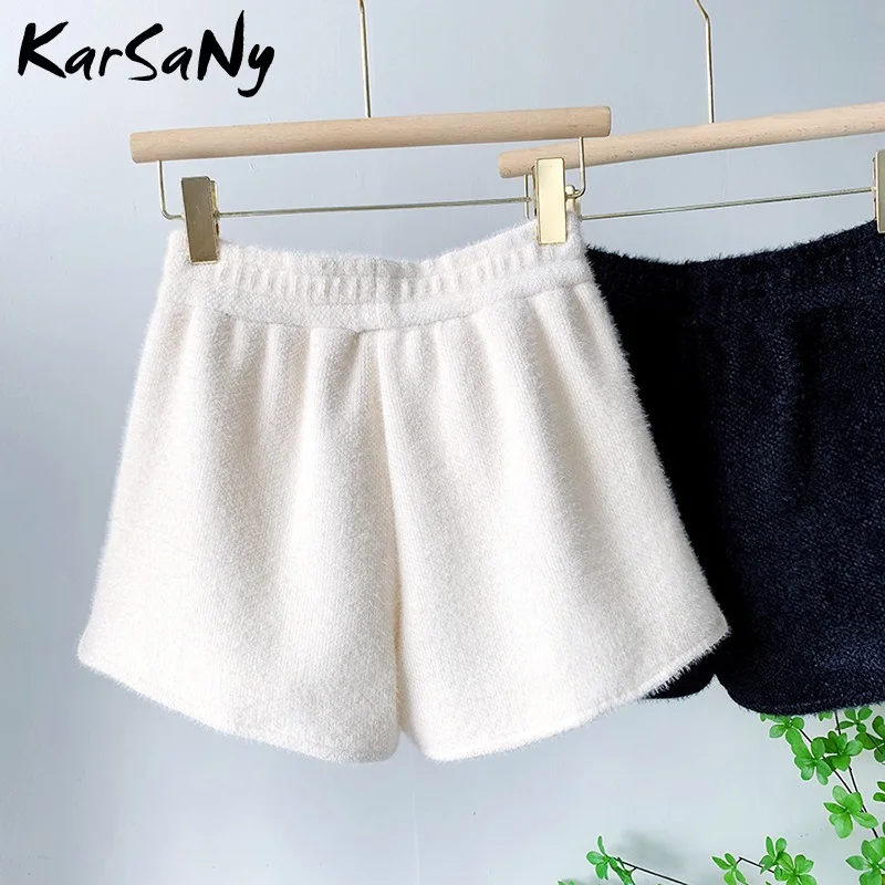 Mink Fur Shorts Women Winter Wide Leg Casual Warm Short Pants Elastic Waist Woman Clothing Black For | Женская одежда
