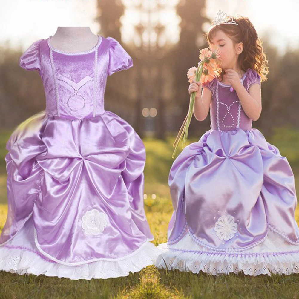 

Princess Performance Summer Kids Girl Dress Party Crew Neck Cosplay Costume Birthday Short Sleeve Gift Halloween Purple