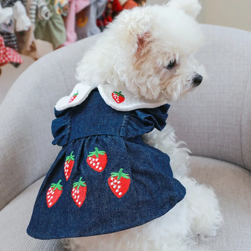 

Pet Clothes Autumn/winter Princess Strawberry Dress with Embroidered Lapels Teddy Cat Skirt Denim Jean Dress Yorkie Puppy Coat