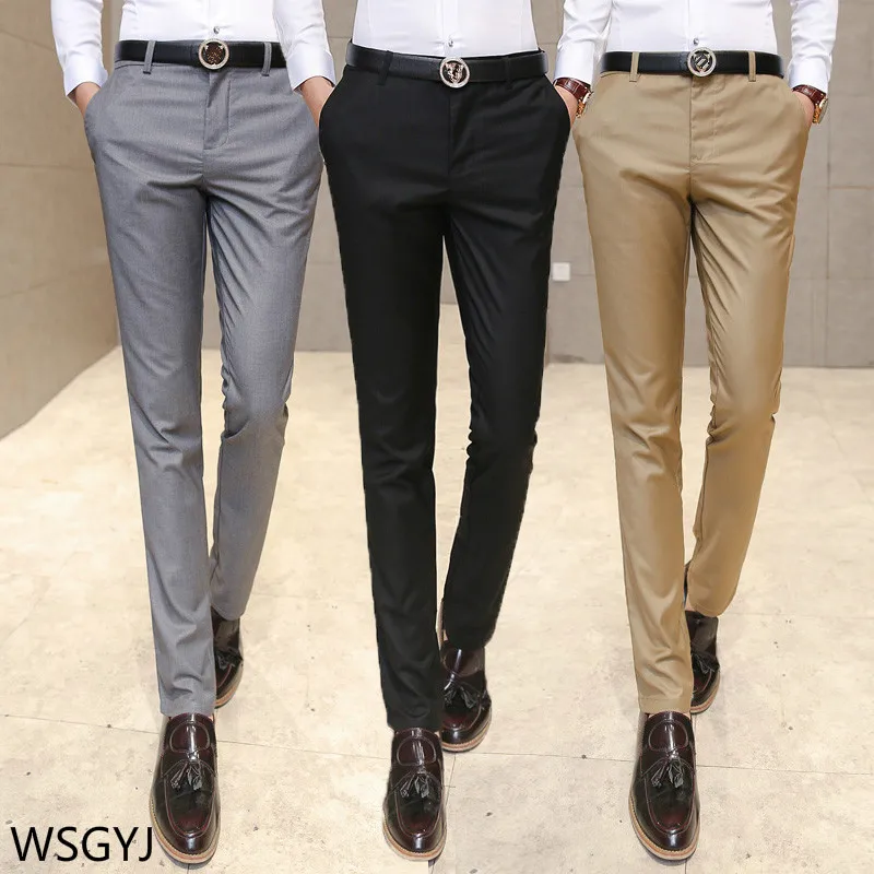 Брендовые деловые штаны мужские 2019 корейские модные однотонные облегающие брюки