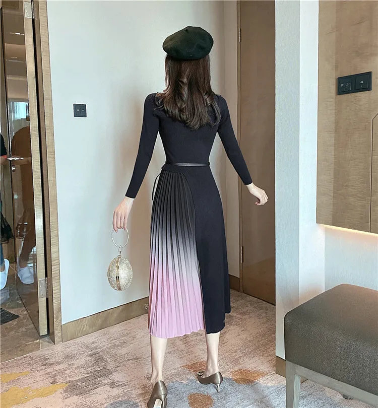 

Autumn Winter Elegant Knitted Patchwork Gradient Pink Pleated Dress Women Long Sleeve Office One-Piece Sweater Dress With Belt