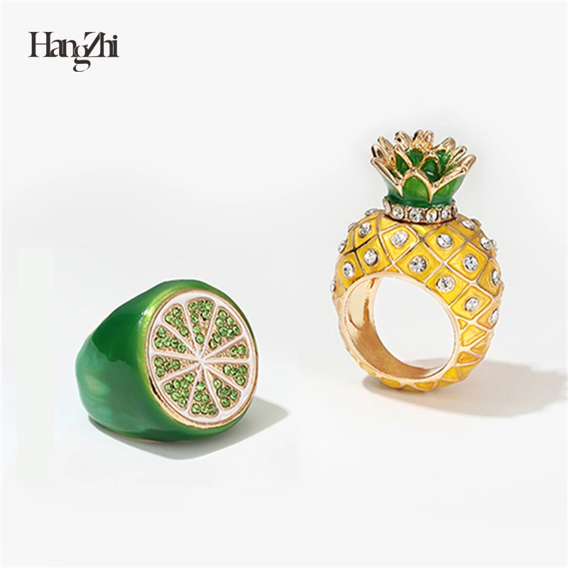 

HangZhi 2020 New Trendy Hip hop Pineapple Lemon Shiny Zircon Metal Fruit Rings for Women Girl Party Hot Jewelry Gift