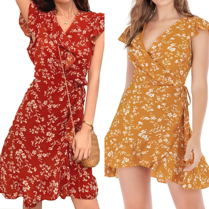 

Boho Women's Summer Elegant Sexy V-neck Flower Print Irregular Ruffle A-line Short Sleeve Miniskirt Beach Vacation Vestidos