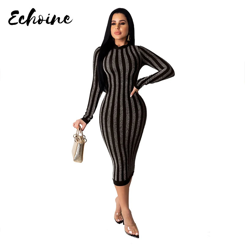 

Пикантные узкие с круглым вырезом в Вертикальную Полоску вечерние платье Для женщин облегающее платье с длинными рукавами на осень, Яркий ш...