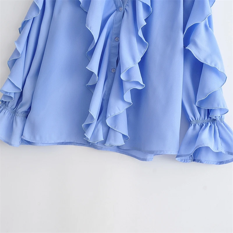 

YOSIBCD Women 2021 Fashion With Ruffle Trims Loose Blouses Vintage Long Sleeve Button-up Female Shirts Blusas Chic Tops