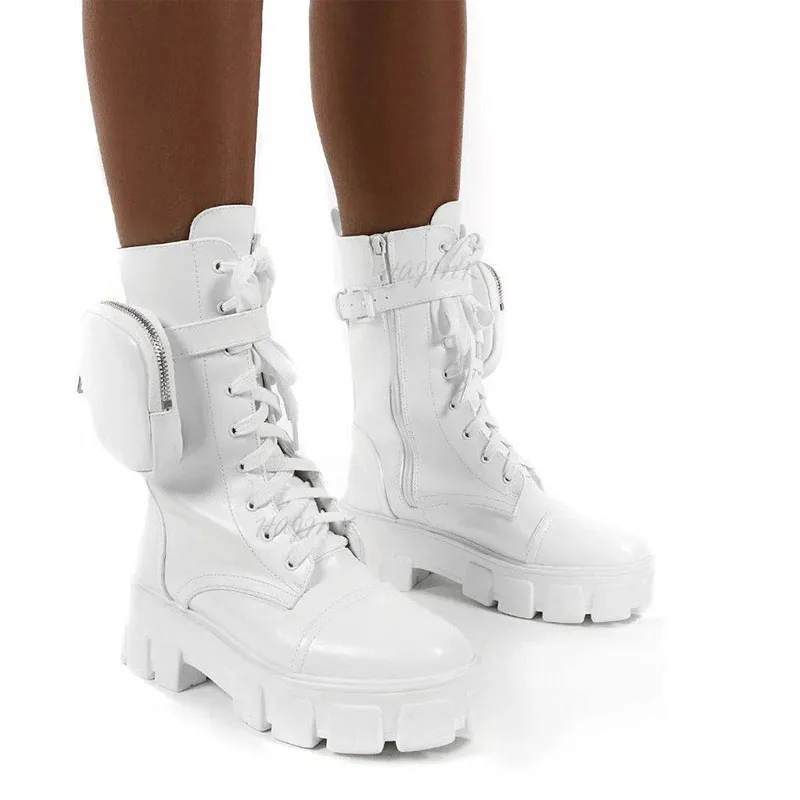 

Women Boots Fashion Chunky Shoes Pocket Platform Boots White Black Pink Shoes for Women Autumn Winter High Heels Botas Mujer