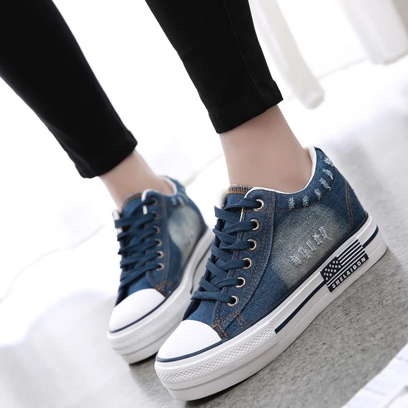 

DOGEEk Fashion Women Sneakers Denim Casual Shoes Female Canvas Shoes Trainers Lace Up Ladies Basket Femme Heightening Shoes