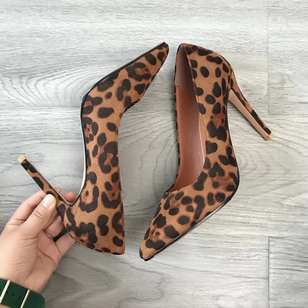

2020 Sexy Leopard Print Suede High Heels 12cm Pointed Toe Heeled Shoes Women's Stilettos Yellow Brown Super Heels Slip-on Shoes