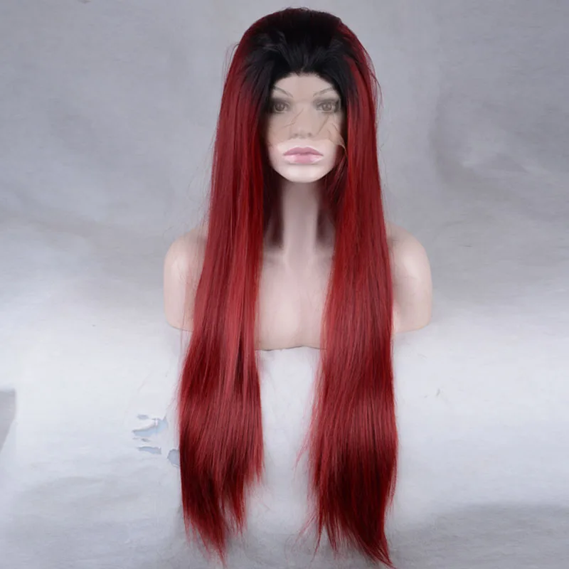 human hair lace front wigs Red Ombre Long Silk Straight Costume wig for women Swiss lace 13 * 4 Wigs Hair wig with body hair