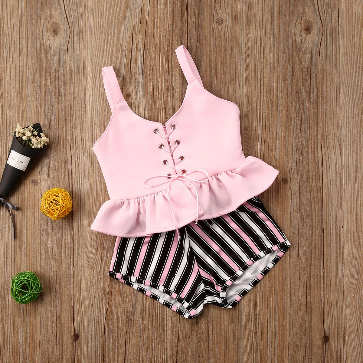 

Emmababy Toddler Baby Girl Clothes Summer Solid Color Vest V Neck Bandage Tops Striped Short Pants 2Pcs Outfits Clothes