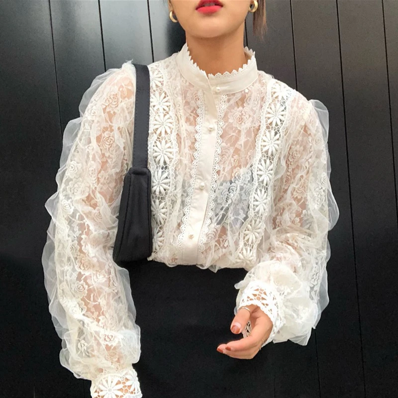 Винтаж перспектива со стоячим воротником Блузы с кружевной строчкой жемчуг