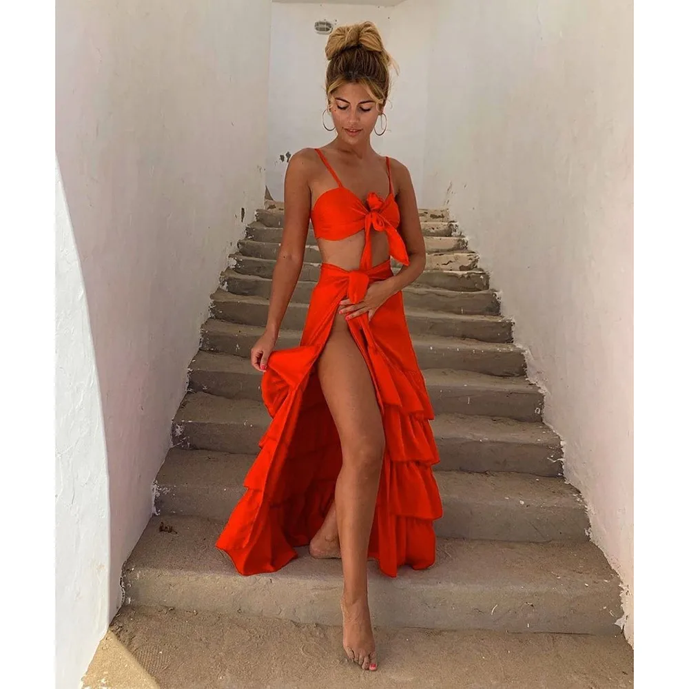 

2021Bikini Beach Cover Up Two Piece Dress Swimsuit Split Beach Skirt Swimwear Women Bandage Solid Beachwear Summer