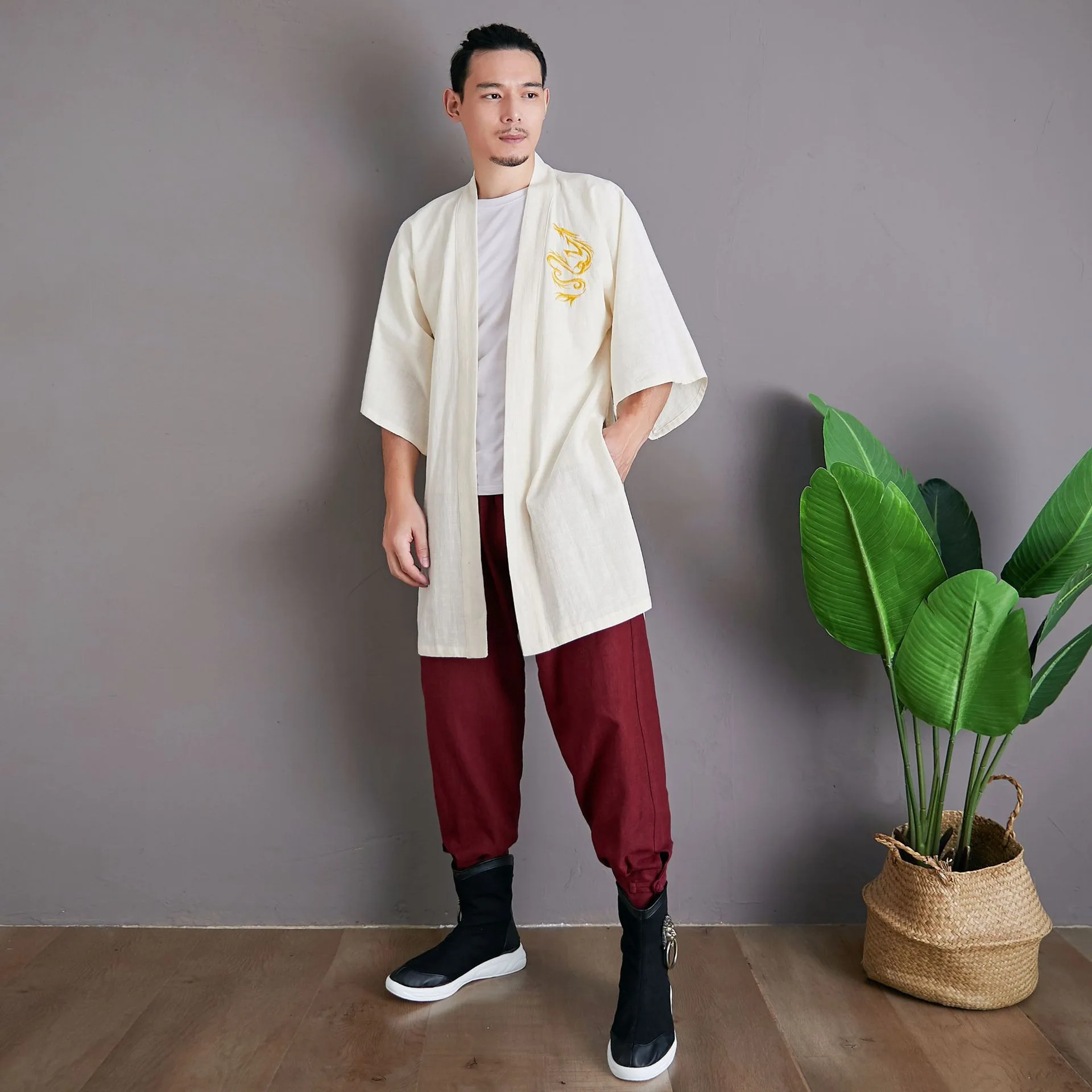Мужские хлопковые льняные куртки Hanfu в китайском стиле костюм с вышивкой дракона