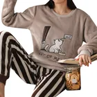 Осень-зима 2021, фланелевый плотный пижамный комплект из 2 предметов, повседневный свободный костюм с круглым вырезом, теплая удобная одежда для сна, ночная рубашка, пижамы