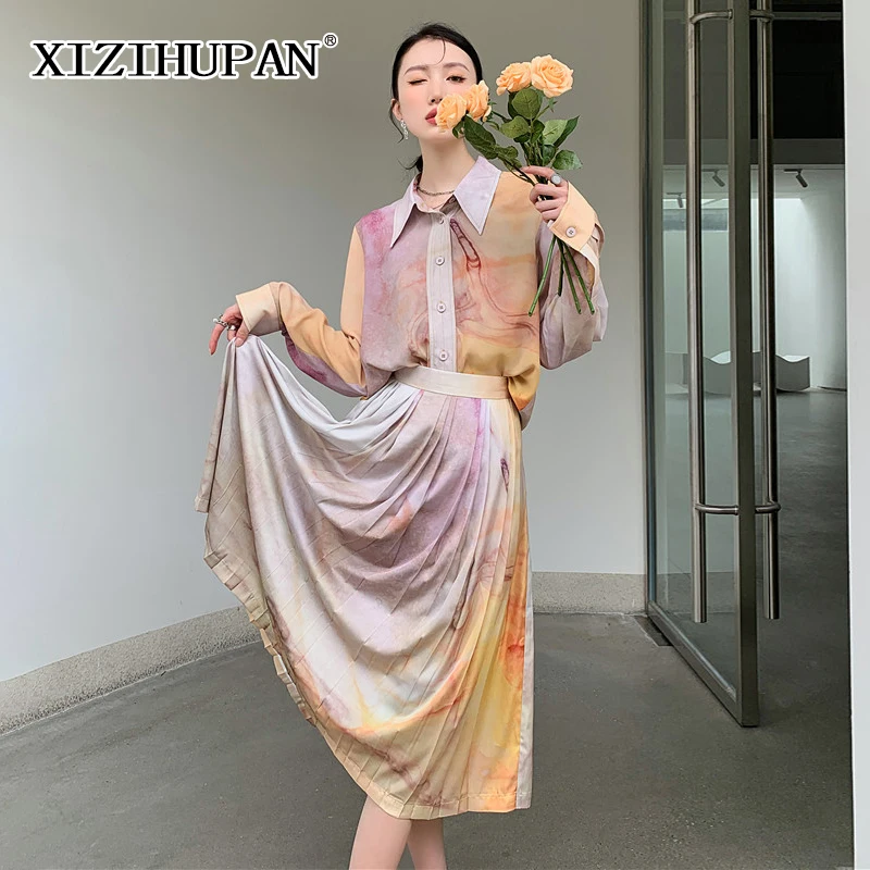 

Женский костюм XIZIHUPAN из двух предметов, топ с отложным воротником и длинным рукавом, плиссированная трапециевидная длинная юбка с высокой т...