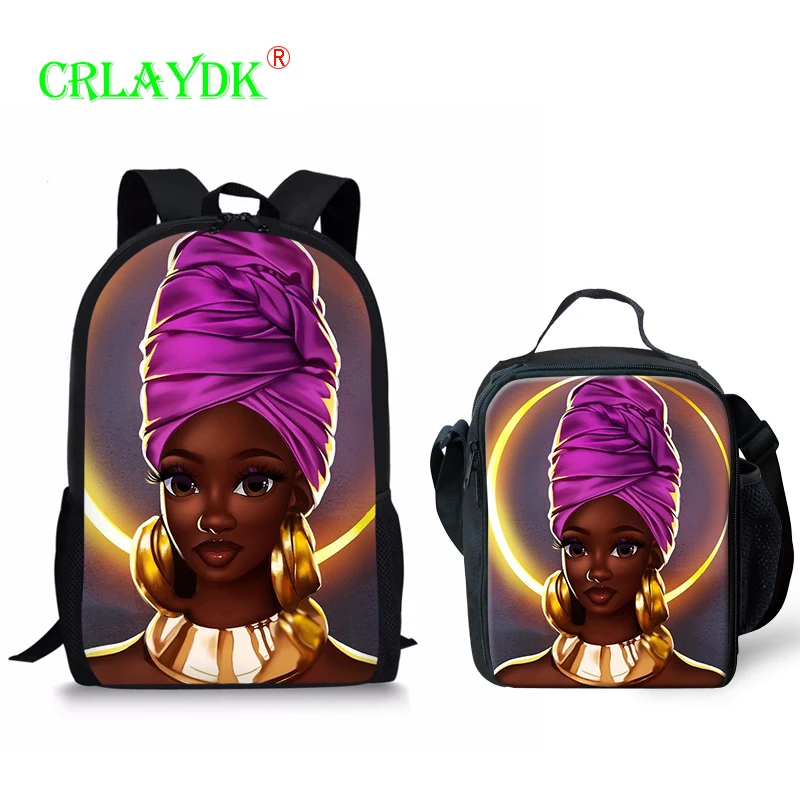

CRLAYDK 16 Inch Pupils Satchel Rolling Backpack for Children Students with Lunch Bags African Girls Printed School Mochila Set