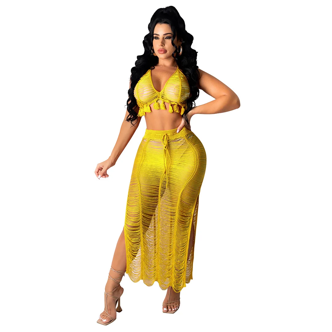 

Women Sets Summer European and American Fashion 2 Piece Set Women's Sexy Perspective Tassel Knitted Beach Skirt Set Donsignet