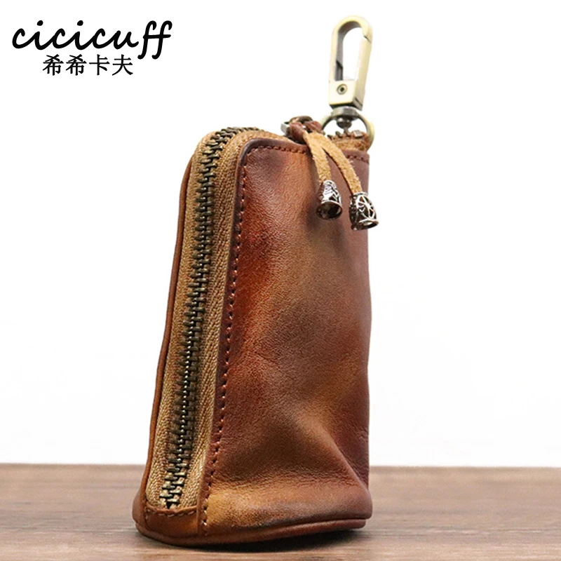 

Genuine Cow Leather Housekeeper Small Round Columnar Key Holder Men Car Key Wallet Coin Pouch Purse Retro Buckets Keys Case Bag